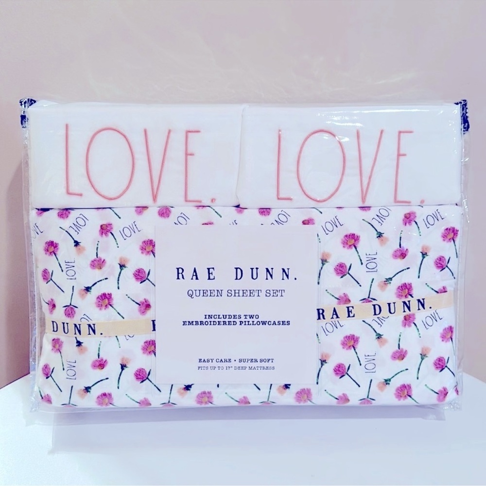 NWT Rae Dunn LOVE Floral Sheet Set with Embroidered LOVE Pillow Cases